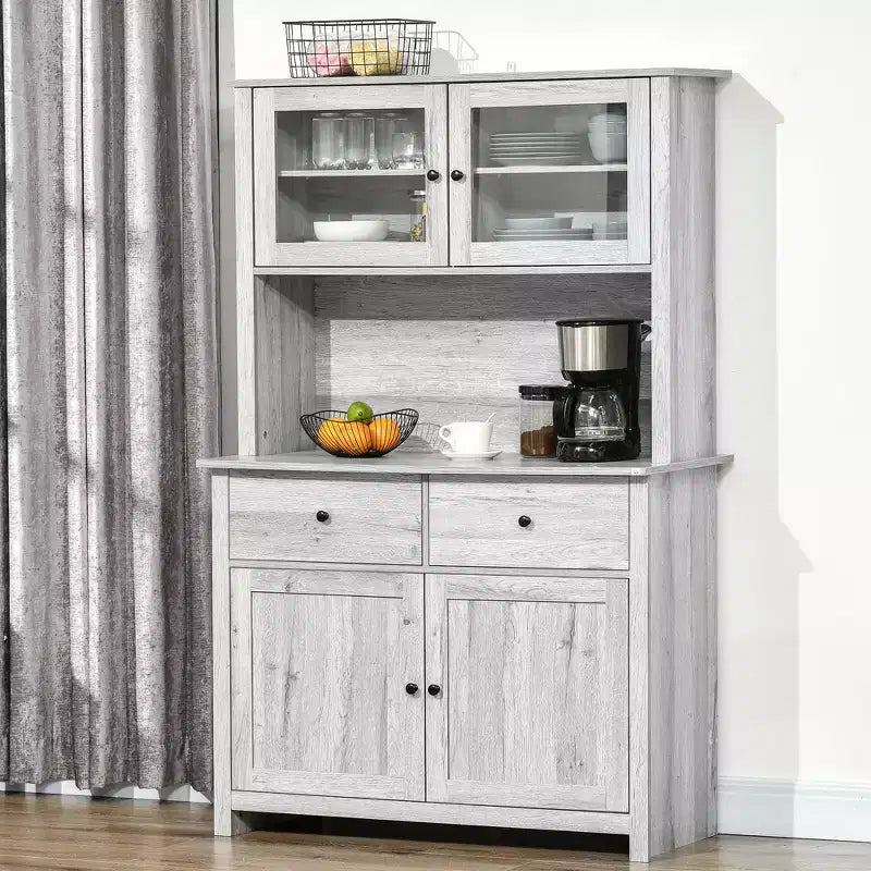 HOMCOM keukenbuffet van 63,5 inch met opzetkast, voorraadkast met 4 planken, laden, glazen deuren met frame en open werkblad voor magnetron