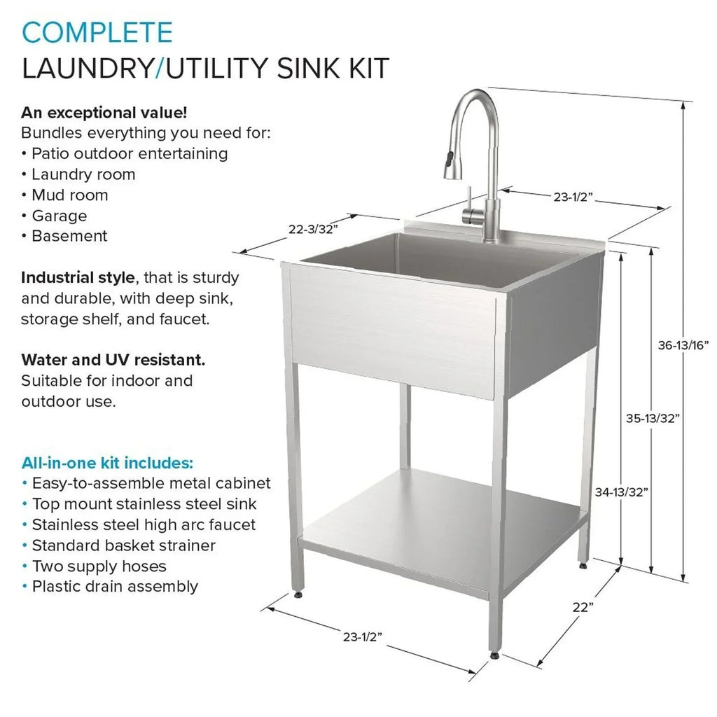 24-in W x 22-in D x 35-in H Paslanmaz Çelik Çamaşır Evyesi ve Yıkama Standı