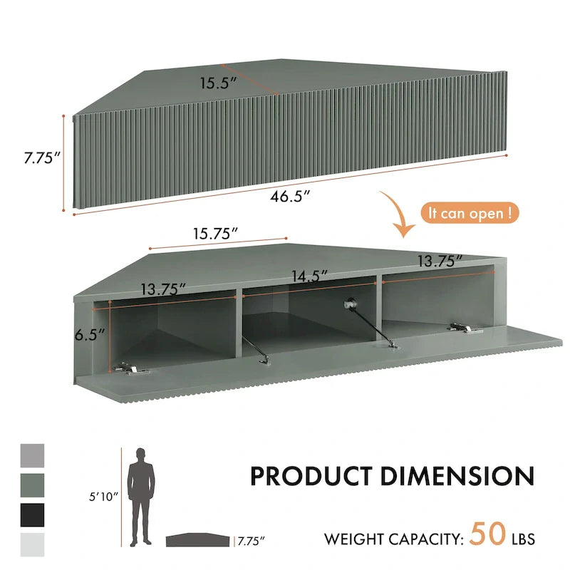Meuble TV d’angle suspendu 47, 3 étagères, style transitionnel, fixation murale peu encombrante