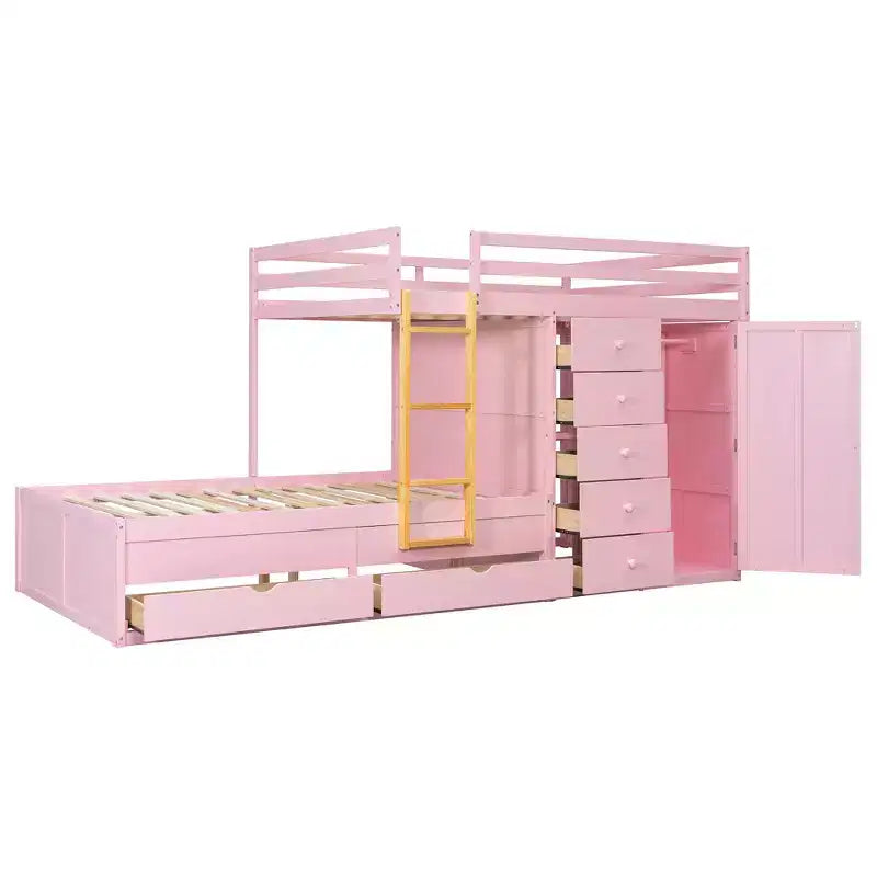 Stapelbed met twee volledige bedden, opbergkast en laden, houten ruimtebesparend stapelbed van volledig formaat met veiligheidshekje voor appartement of slaapkamer