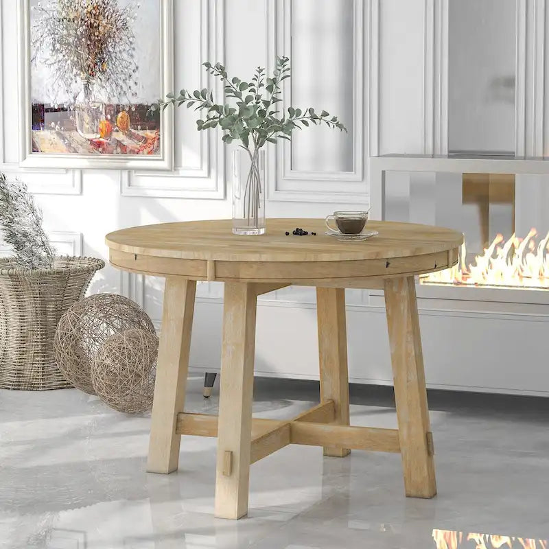 Ronde uitschuifbare eettafel in landelijke stijl met houten keukentafelblad en verlengblad van 16 inch