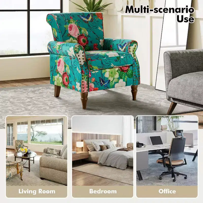 Sillón floral tradicional Araceli con estructura de madera, tapizado, respaldo alto con alas y acabado de tachuelas| ART OF LIVING DESIGNS