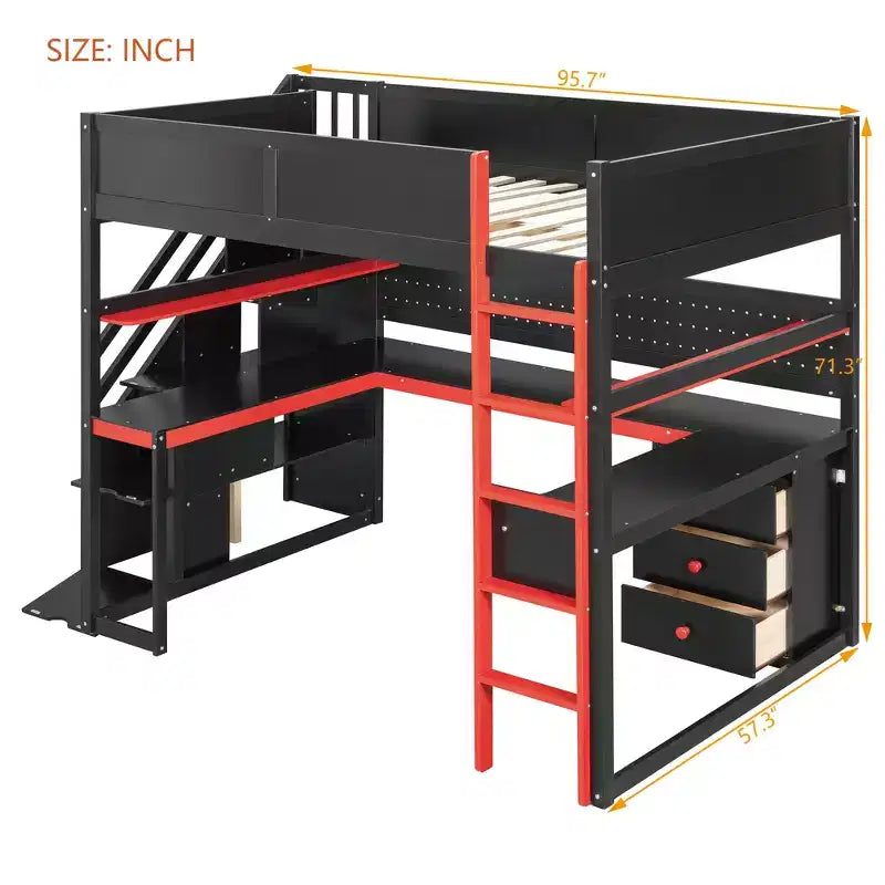 GDFStudio Scott Holz-Hochbett zum Spielen mit Stauraumtreppe, Schreibtisch, Regalen und Lochwand