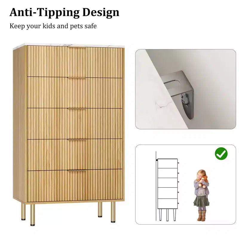 Commode blanche / marbre et bois à 5 tiroirs - panneau cannelé, pour 1 personne