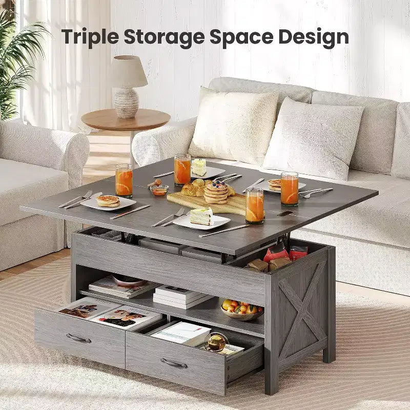Mesa de centro elevable con espacio de almacenamiento, mesa de centro de estilo rústico, mesa de centro con dos cajones para el salón y la oficina en casa