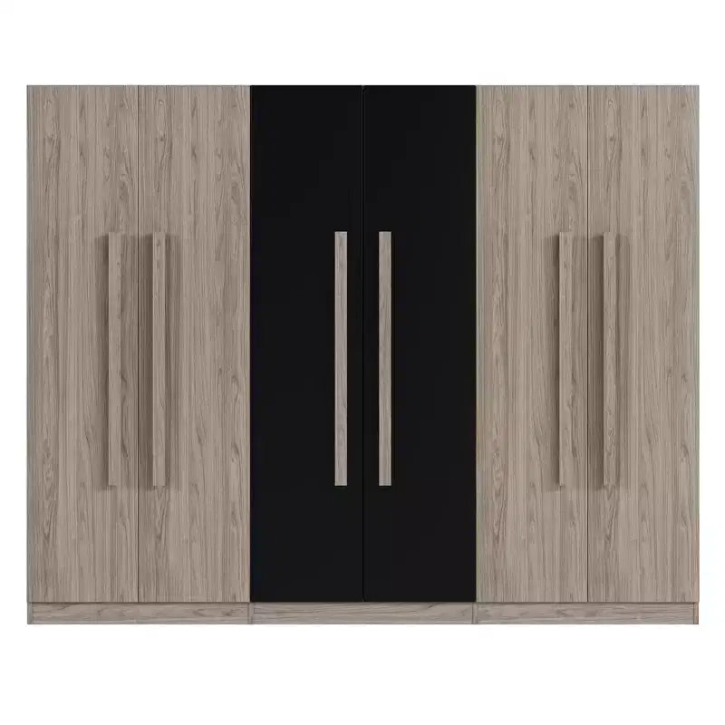 Armoire-penderie 83W à 6 portes, meuble de rangement pour vêtements avec 2 tiroirs, tringles et étagères de rangement, noir et naturel – ModernLuxe