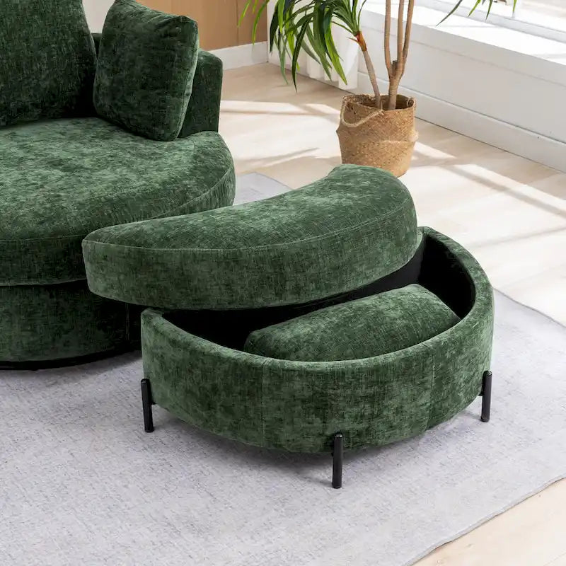 Fauteuil d’appoint pivotant rembourré de 42,3W avec 4 coussins et pouf de rangement demi-lune
