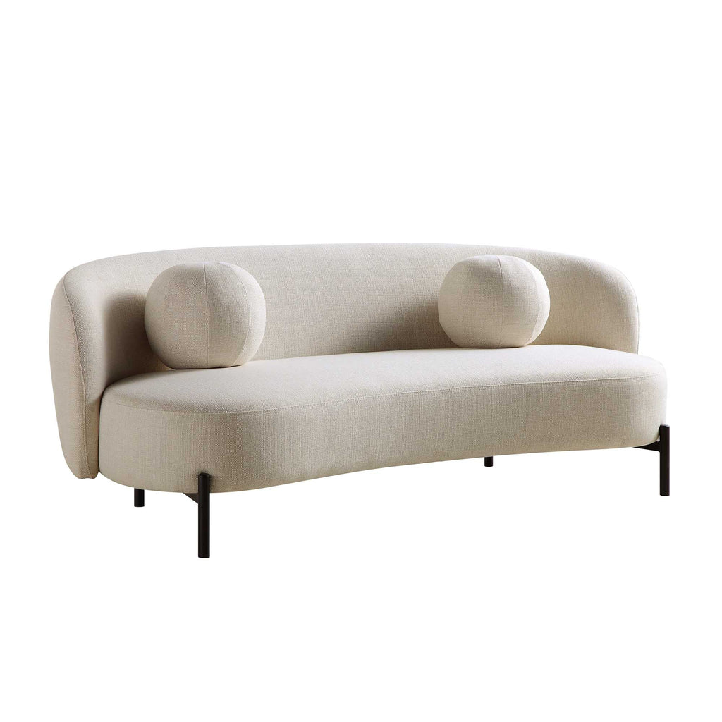 Gebogenes 3-Sitzer-Sofa mit Kugelkissen, beige Leinenmischung