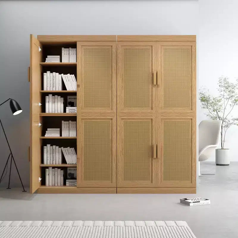 Credenza decorativa nera in vimini effetto legno alta 62 cm con anta e 12 ripiani