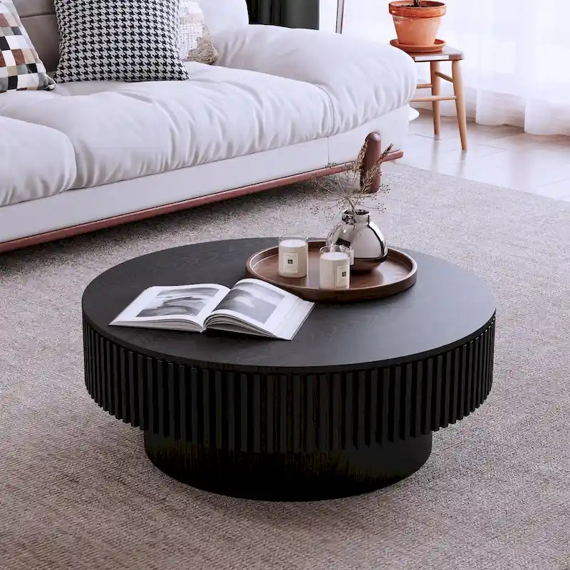 Table basse ronde moderne en bois massif plaqué avec rangement
