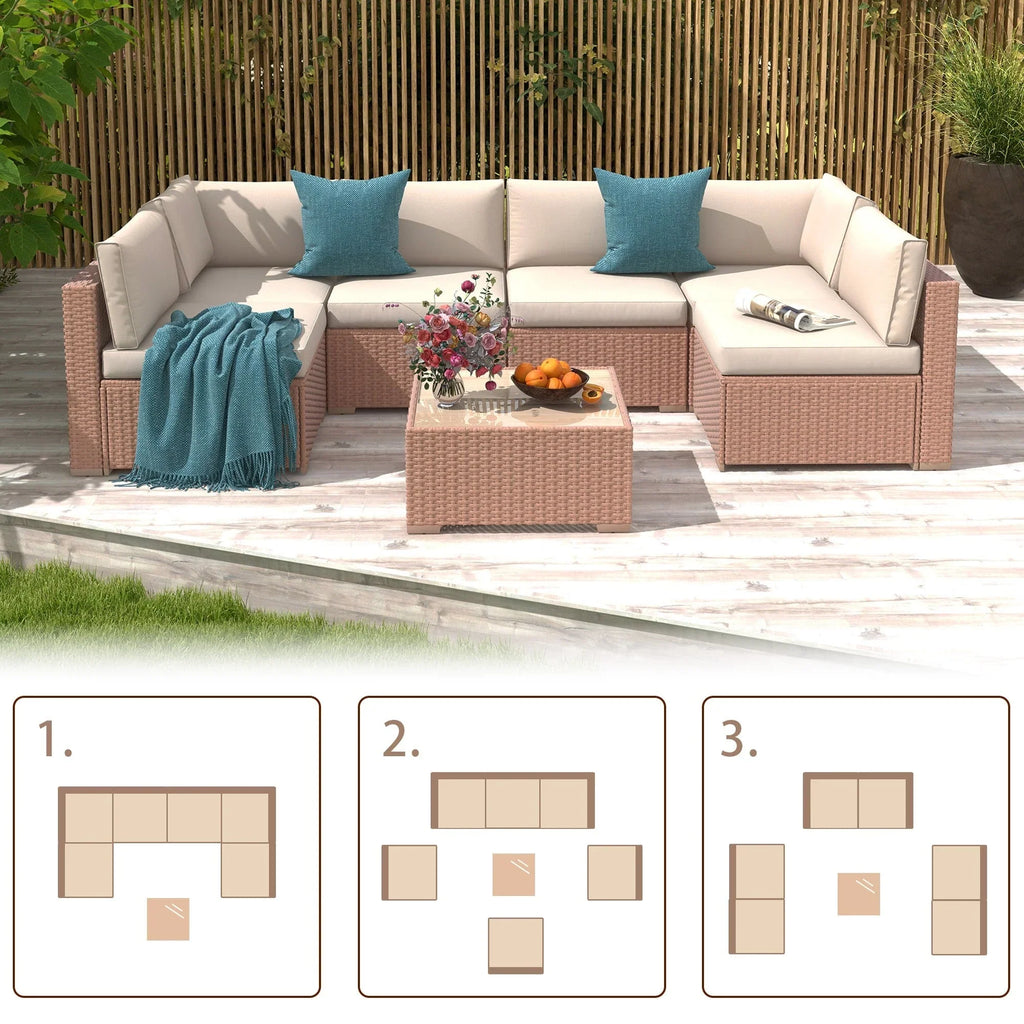 7-delige outdoor loungeset van vlechtwerk en staal met kussens