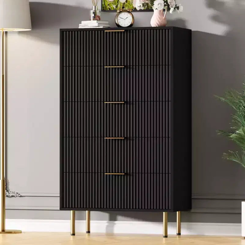 Commode blanche / marbre et bois à 5 tiroirs - panneau cannelé, pour 1 personne