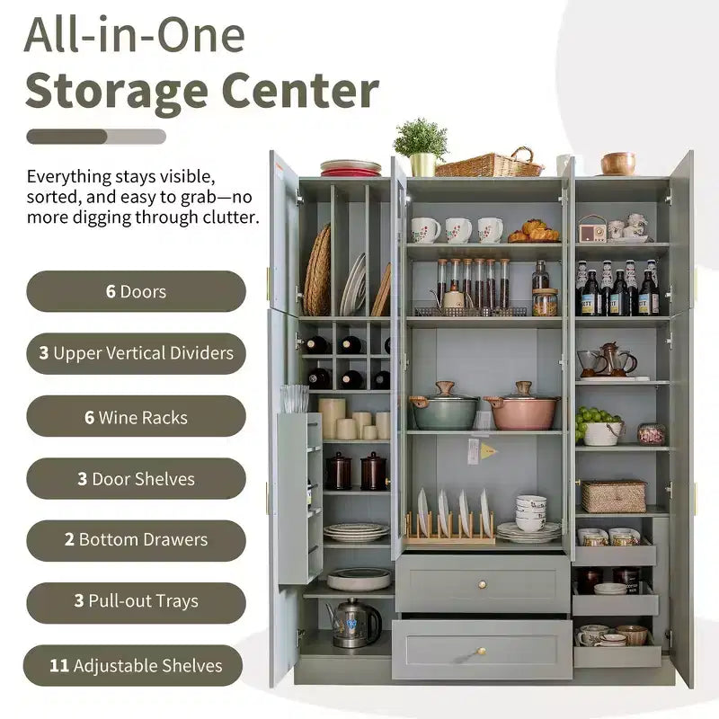 Garde-manger de cuisine autoportant Whisen de 180 cm de hauteur, grande armoire de rangement pour salle à manger avec 6 portes et étagères réglables