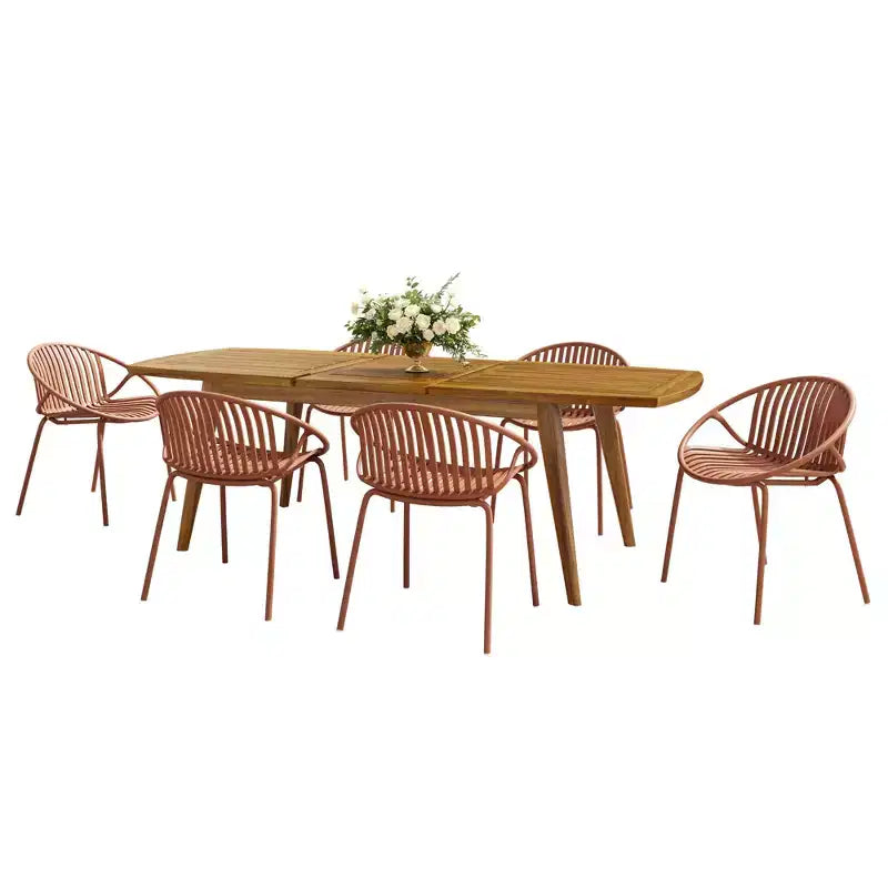 Set da pranzo da patio esterno espandibile, 7 pezzi, con sedie impilabili e tavolo in legno di acacia