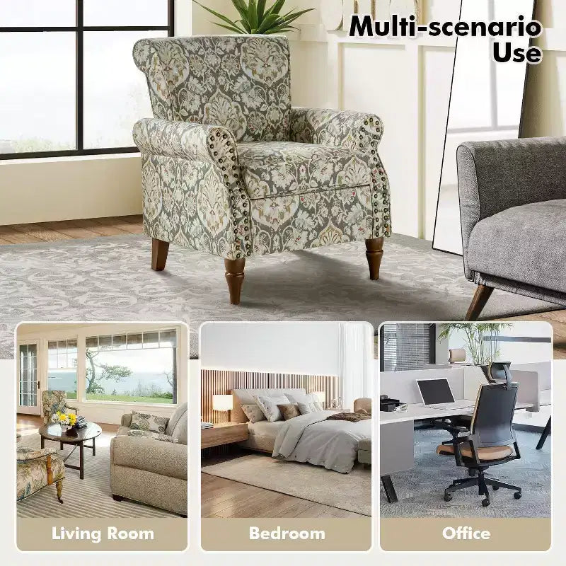 Sillón floral tradicional Araceli con estructura de madera, tapizado, respaldo alto con alas y acabado de tachuelas| ART OF LIVING DESIGNS