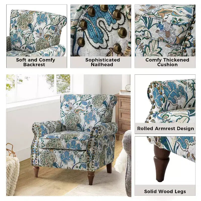 Sillón floral tradicional Araceli con estructura de madera, tapizado, respaldo alto con alas y acabado de tachuelas| ART OF LIVING DESIGNS