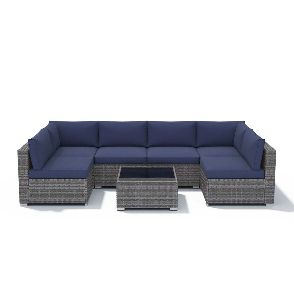 7-delige outdoor loungeset van vlechtwerk en staal met kussens