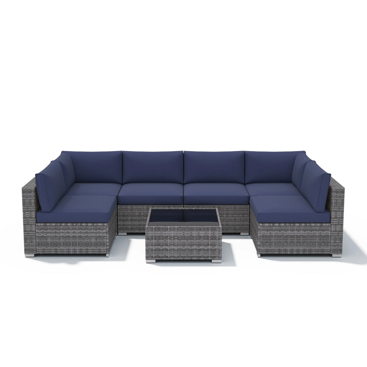 7-delige outdoor loungeset van vlechtwerk en staal met kussens