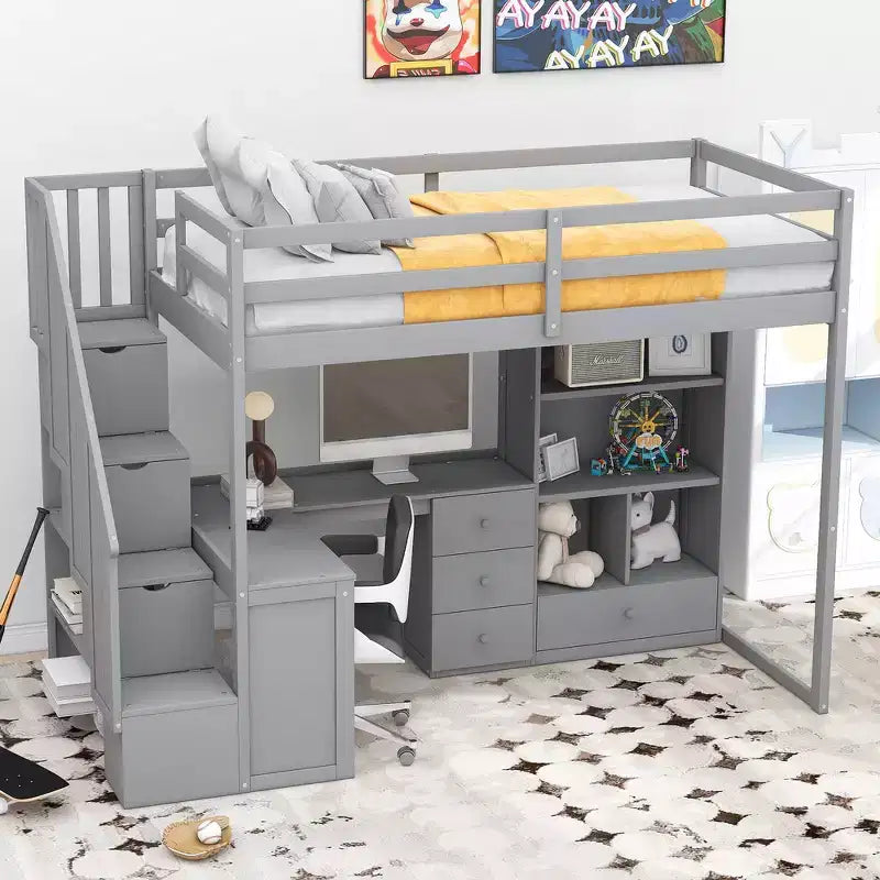 Hochbett in Twin-Größe mit L-förmigem Schreibtisch, 3 Schubladen, Schrank und Stauraum in der Treppe, Konstruktion aus massivem Kiefernholz/MDF