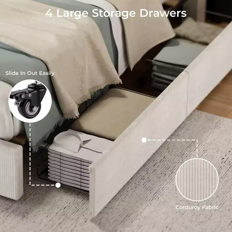 CuisinSmart corduroy bedframe met hoofdbord, gestoffeerd platformbed met 4 opbergladen en houten lattenbodem
