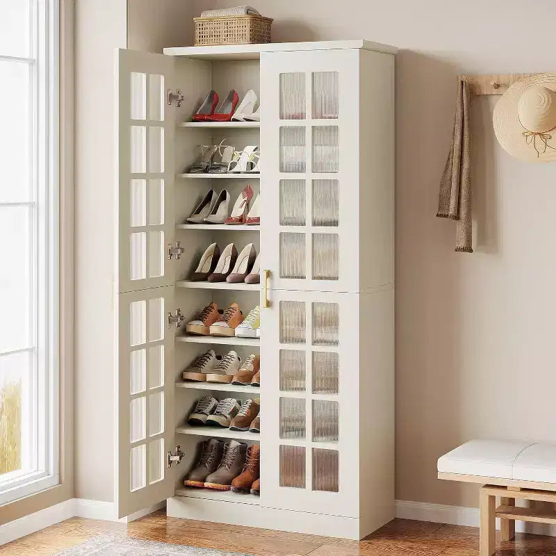 Lantine hoge schoenenkast met deuren, schoenenopbergruimte met 8 niveaus en verstelbare planken, moderne schoenenkast voor hal, garderobe of woonkamer, wit