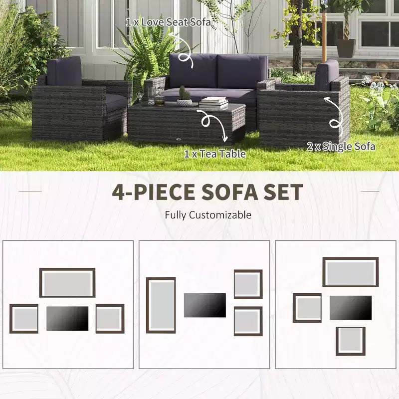 4-delige rotan loungeset, rieten terrasbankstel met loveseatstoelen en salontafel met glazen blad voor de tuin