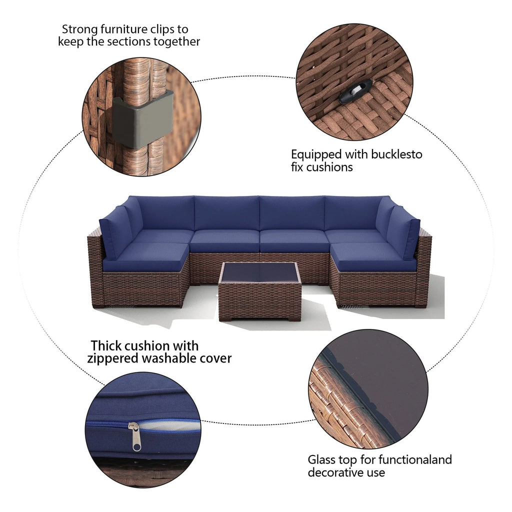 7-delige outdoor loungeset van vlechtwerk en staal met kussens
