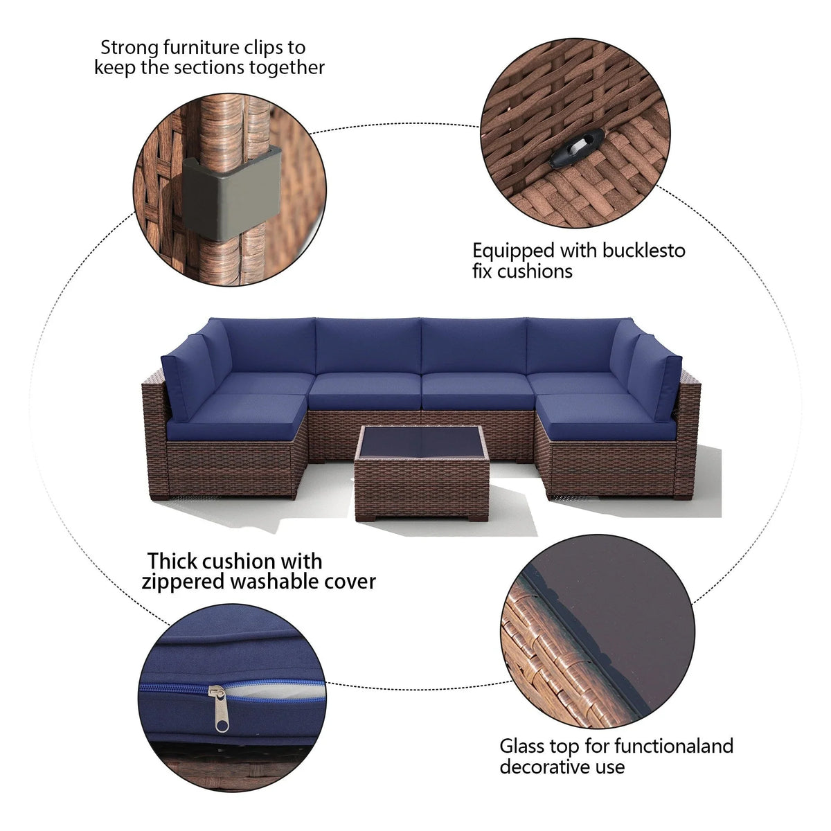 7-delige outdoor loungeset van vlechtwerk en staal met kussens
