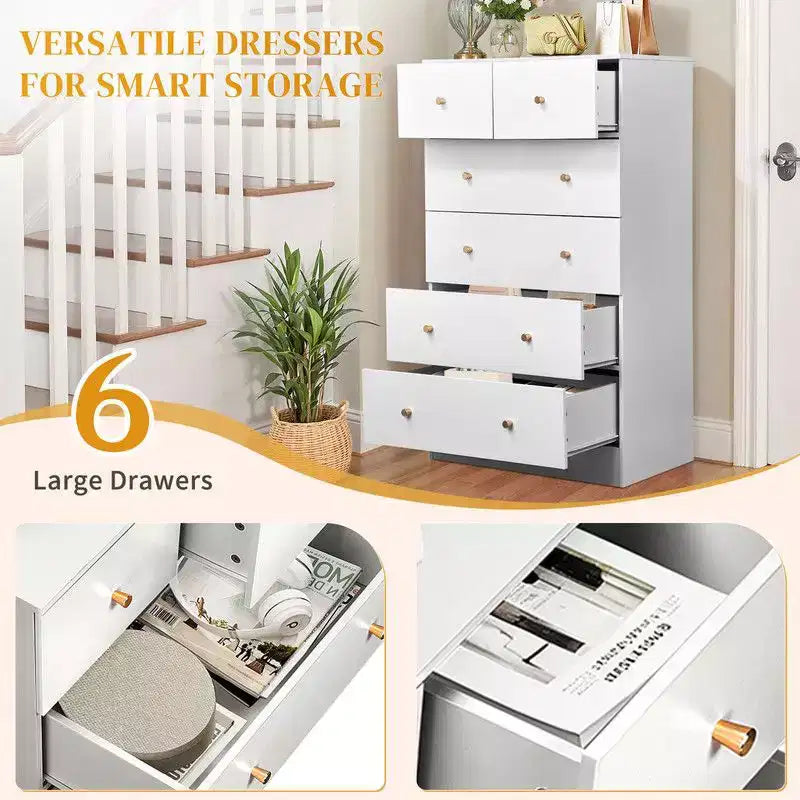 Cómoda grande Karl Home de 6 cajones para dormitorio y cajonera con construcción resistente, organizador de almacenamiento de madera para armario, blanca