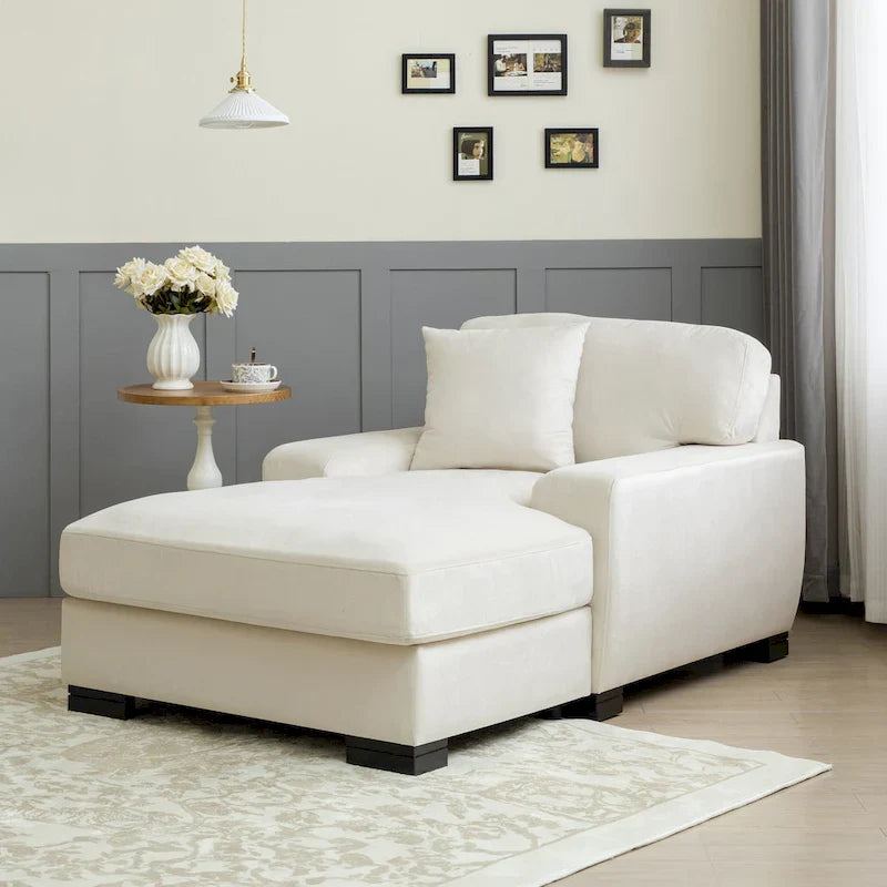 Nowoczesna, ponadgabarytowa sofa z szezlongiem i funkcją spania w stylu mid-century, z poduszką