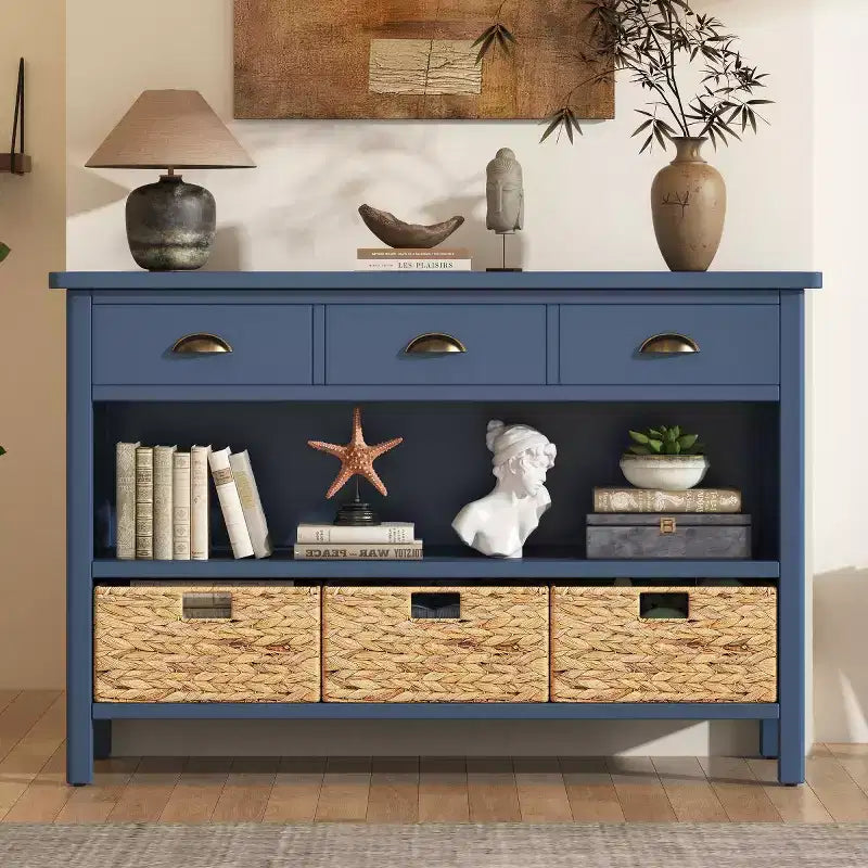 Haltafel voor de entree met opbergruimte, landelijke gangtafel met 3 laden en 3 manden van waterhyacint voor de woonkamer of hal - Panipeachy