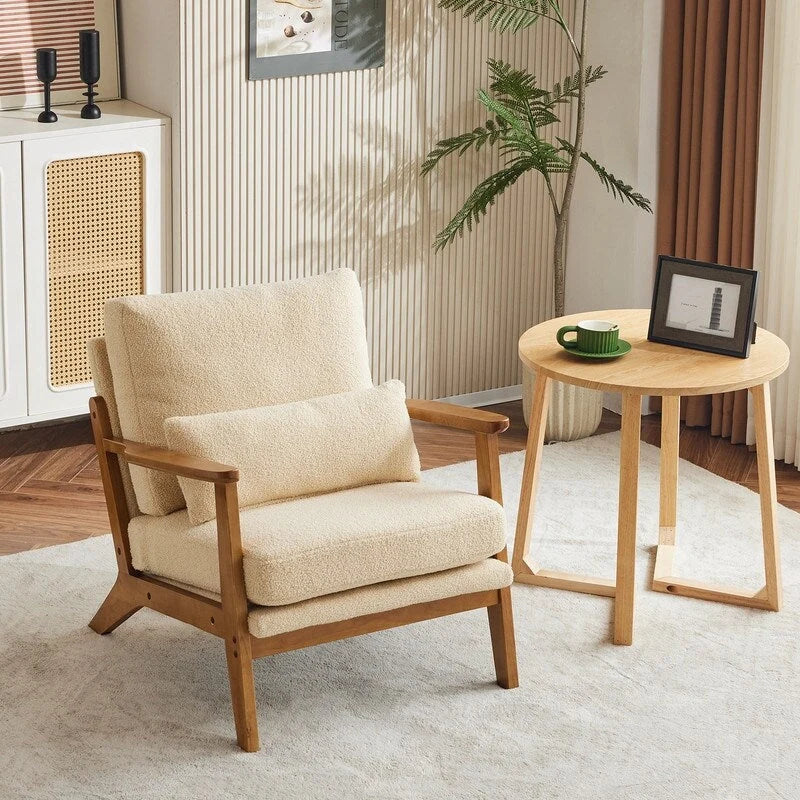 Fauteuil d'appoint rembourré en mélange de lin avec pieds en bois et un coussin, beige