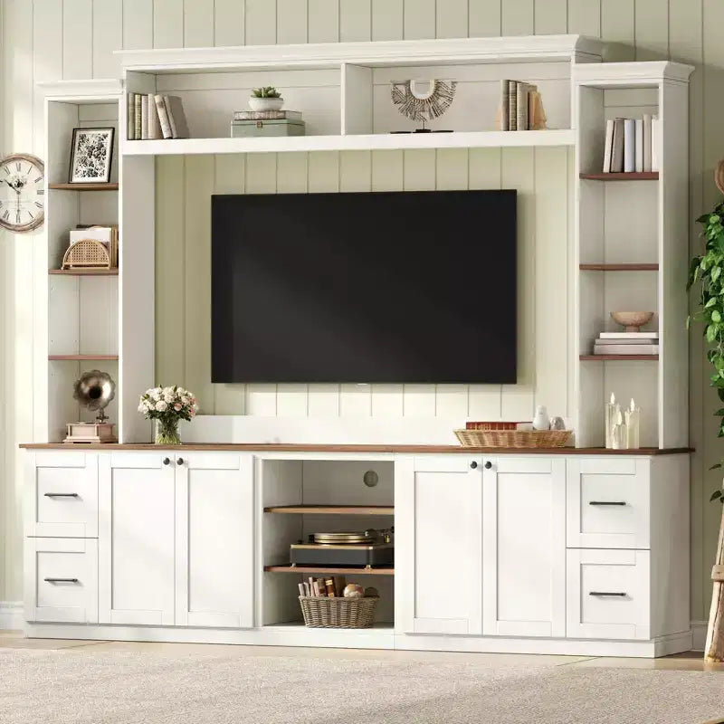 ModernLuxe 4-in-1-Farmhouse-Entertainment-Center als Wandeinheit, passend für Fernseher bis 70, TV-Ständer und Medienkonsole mit verstellbaren Regalen und Schubladen