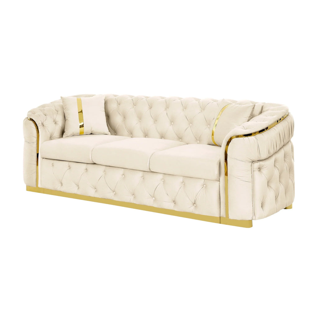 90.6 Velvet 3-Seater Sofa with 2 Pillows High-Density Cushions, Gold Accents, and Pillows