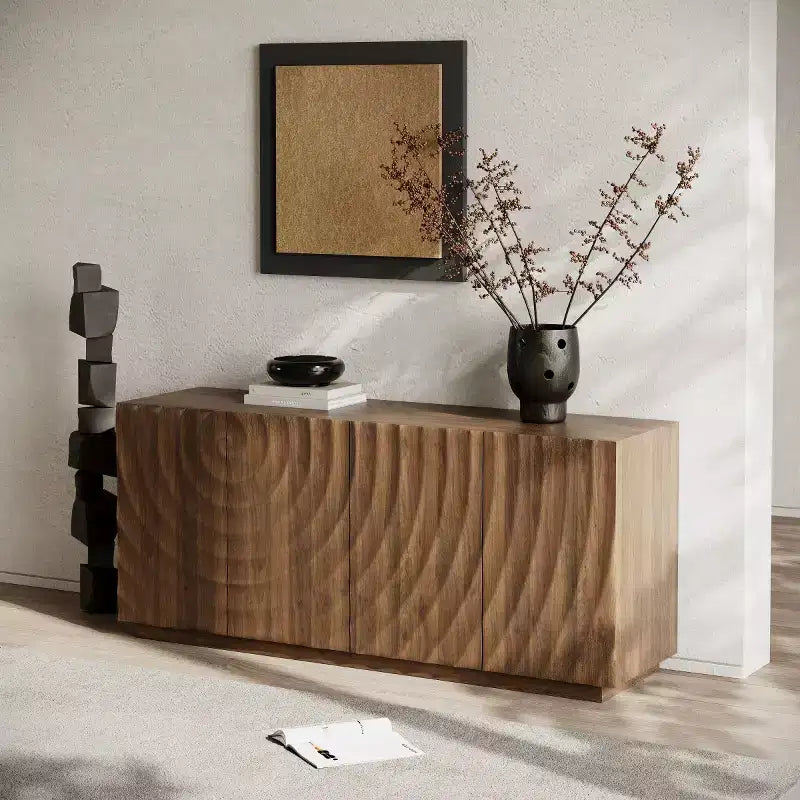59 moderner Spiralen-Sideboard-Schrank, niedriges dekoratives Aufbewahrungsmöbel für den Eingangsbereich mit Türen in 3D-Wellenoptik