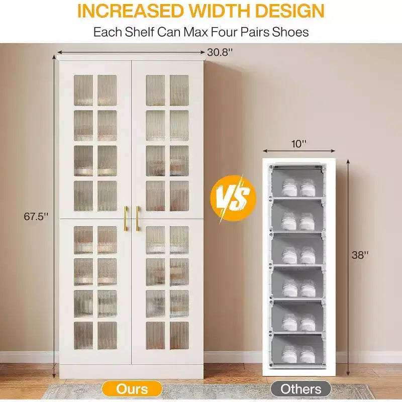 Lantine hoge schoenenkast met deuren, schoenenopbergruimte met 8 niveaus en verstelbare planken, moderne schoenenkast voor hal, garderobe of woonkamer, wit