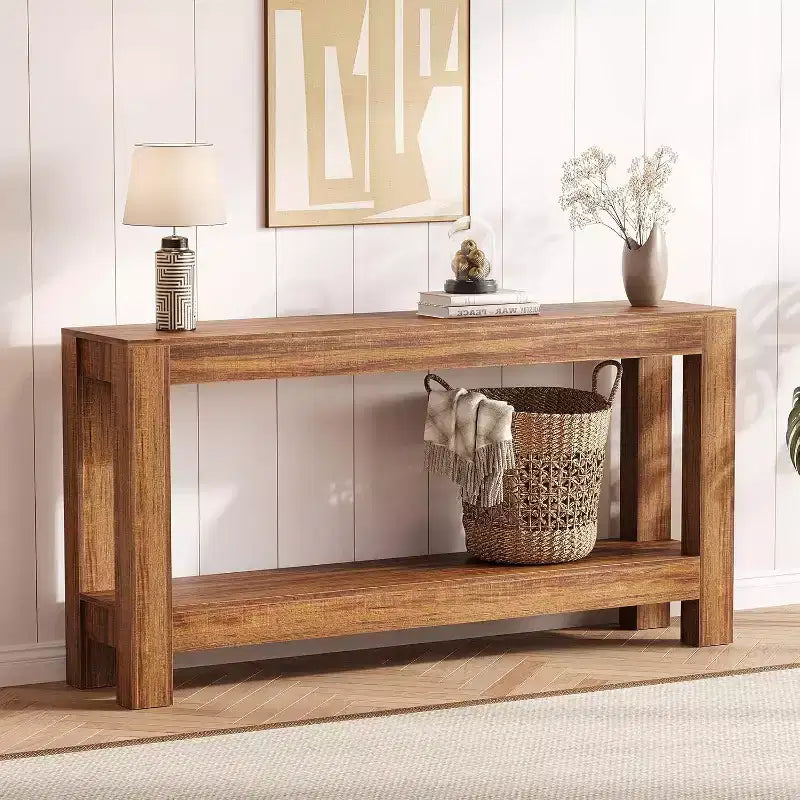 63 inch smalle houten haltafel met 2 laden voor woonkamer, gang of entree, decoratieve opberghaltafel