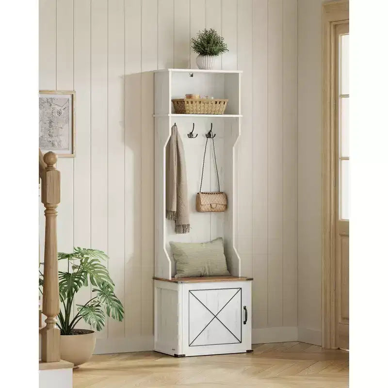 Porte-manteau avec banc et rangement à chaussures, meuble d’entrée avec banc à chaussures, 3 crochets triangulaires, porte avec poignée, blanc rustique