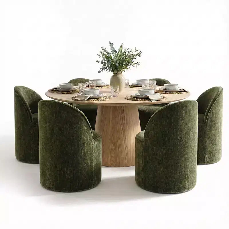 Modernes Esszimmer-Set für 6 Personen, runder Esstisch mit Säulenfuß, drehbare Fassstühle mit Rollen, Chenille-Strukturstoff – Panipeachy