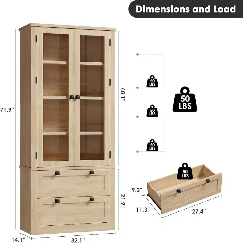 Armoire de rangement de cuisine style champêtre avec portes vitrées, meuble de rangement de 72 pouces avec tiroirs et étagères réglables pour la salle à manger, la salle de bains ou le salon