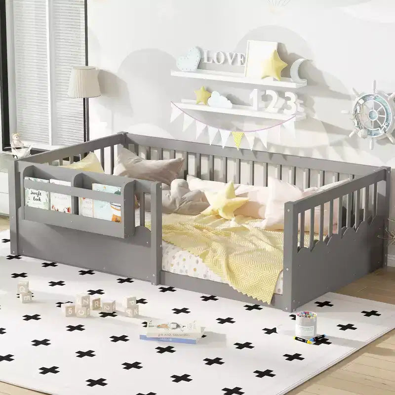 Lit cabane Montessori simple en bois Bellemave pour enfants, avec barrière surélevée et bibliothèque, pour filles et garçons