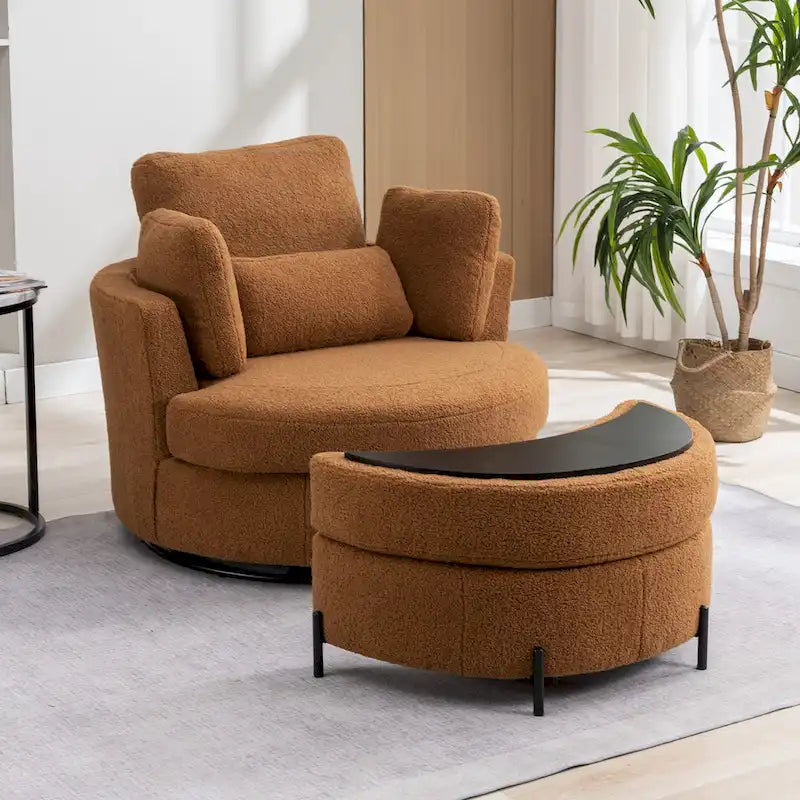Fauteuil d’appoint pivotant rembourré de 42,3W avec 4 coussins et pouf de rangement demi-lune