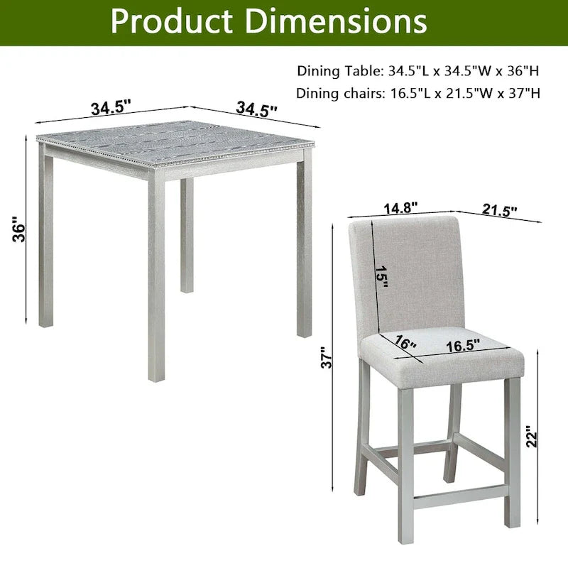Ensemble de salle à manger moderne de 5 pièces avec table carrée à hauteur de comptoir et 4 chaises rembourrées