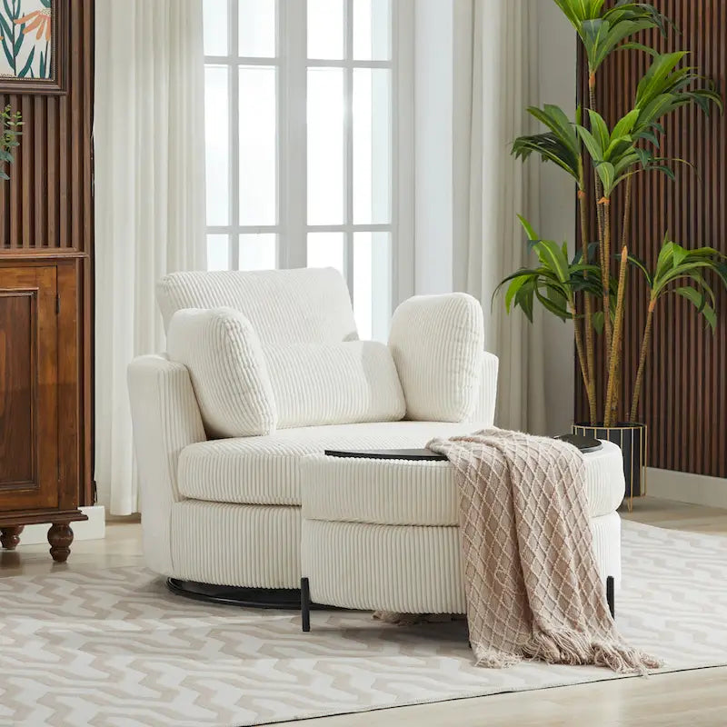 Fauteuil d’appoint pivotant rembourré de 42,3W avec 4 coussins et pouf de rangement demi-lune