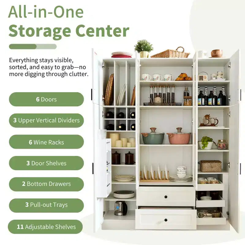 Garde-manger de cuisine autoportant Whisen de 180 cm de hauteur, grande armoire de rangement pour salle à manger avec 6 portes et étagères réglables