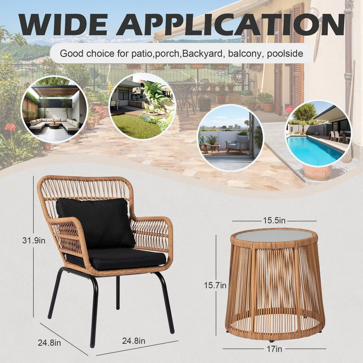 Ensemble bistro de conversation extérieur en osier de 3 pièces, mobilier de patio en rotin toutes saisons avec coussins