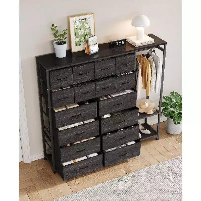 Commode avec 16 tiroirs, tringle et étagères, organisateur de rangement en tissu pour chambre, dressing ou entrée