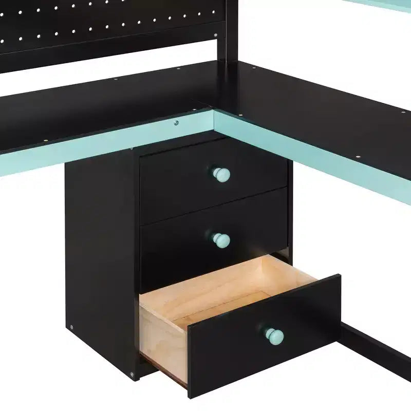 GDFStudio Scott Holz-Hochbett zum Spielen mit Stauraumtreppe, Schreibtisch, Regalen und Lochwand