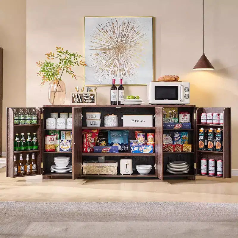 Buffet de cuisine avec 4 portes et étagères, grand buffet moderne, meuble de rangement, meuble de rangement pour coin café de 66 po