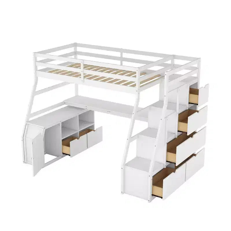 Hochbett in Einzelbettgröße mit 7 Schubladen, 2 Regalen, Schrank und Schreibtisch für Kinder und Jugendliche